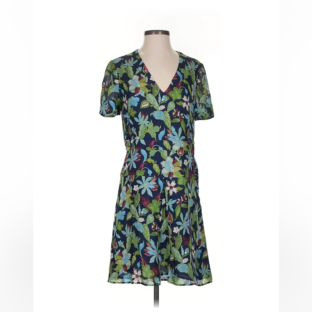 Tory Burch Dress Floral V-Neck Silk Dress - Blue and Green